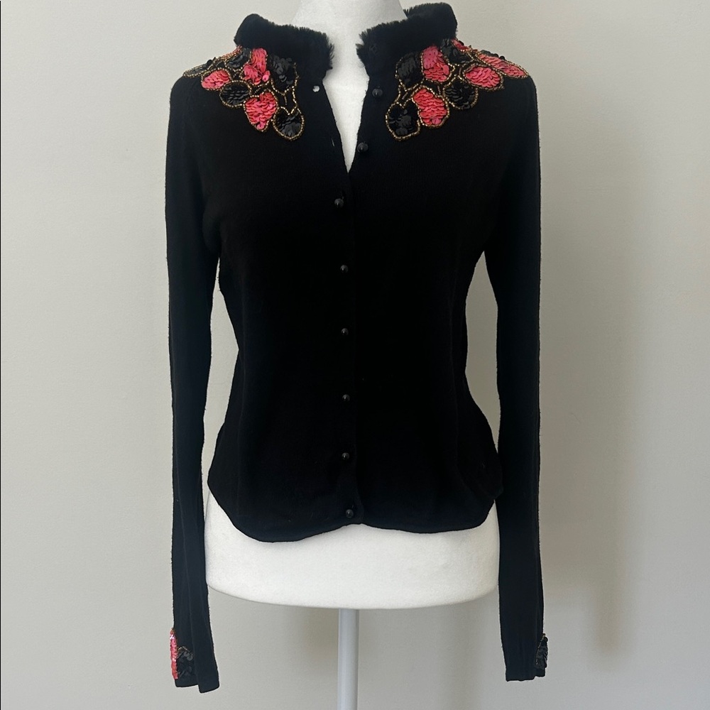 Tyler Boe Black Cardigan with Pink Floral Embroidery